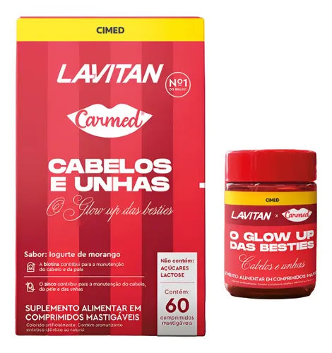 Lavitan Carmed Cabelos Unhas 60 Mastigáveis Iogurte Morango.