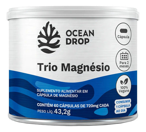Trio Magnésio Ocean Drop 60 Cápsulas Sem Sabor Suplemento Mg