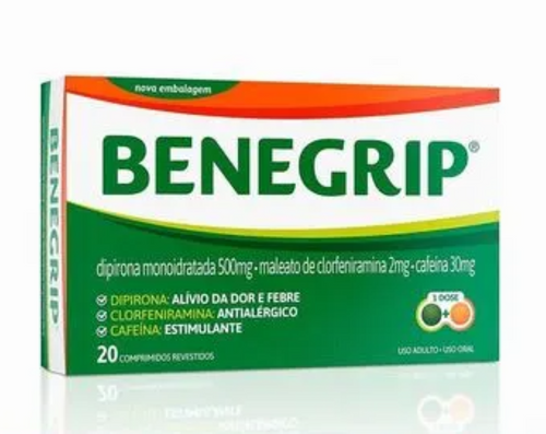 Benegrip Dipirona 500mg + Cafeína 30mg 20 Comprimidos - Dor.
