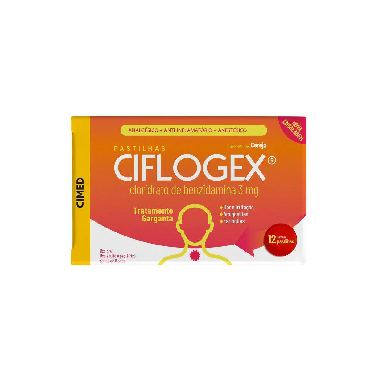 Ciflogex Cereja 3mg 12 Pastilhas Para Dor de Garganta Forte.